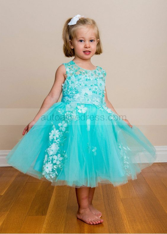 Illusion Neck Beaded Aqua Lace Tulle Flower Girl Dress